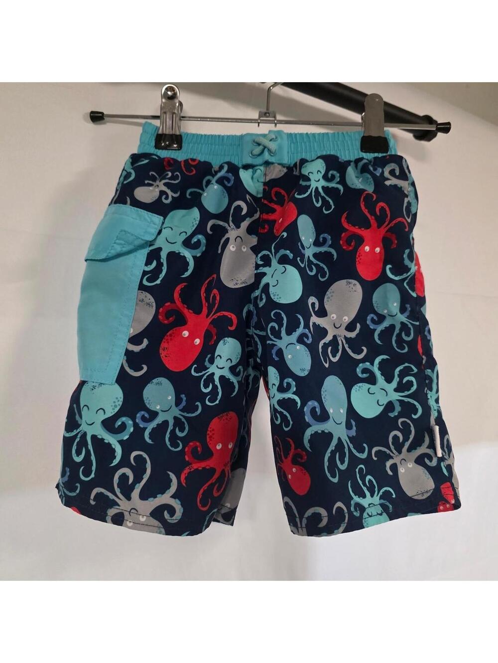 i play kids swim shorts with red, blue, and gray octopus print